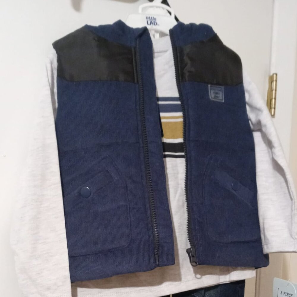 Little Lad 3 PC Navy Vest Hooded/Jeans/White Shirt 3T